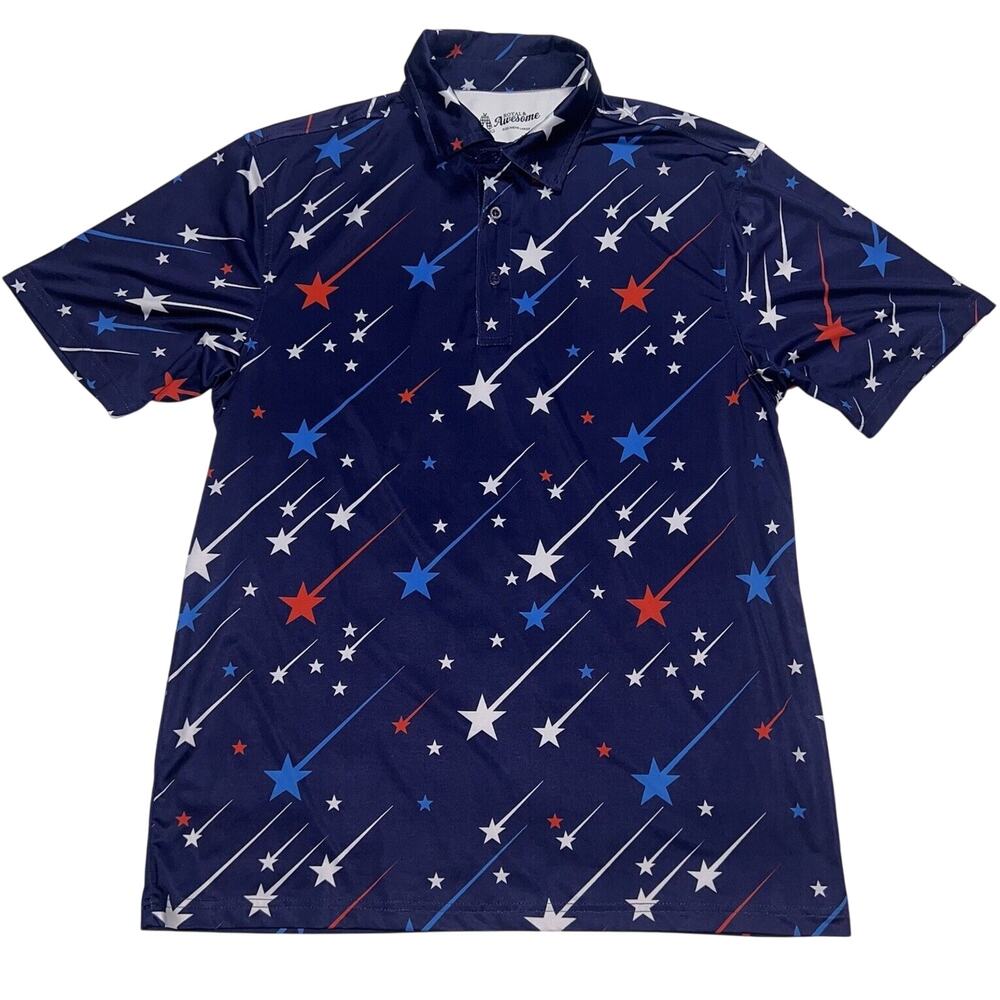 Royal & Awesome Polo Shirt Men’s Size L Blue Red White Stars Performance Golf